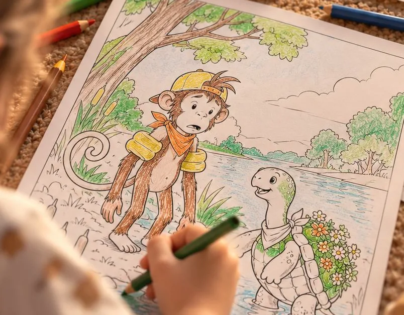 Criança colorindo o desenho do Pim e da Bia